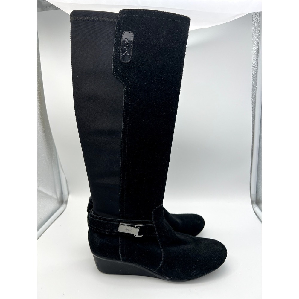 Anne Klein Sport Black Suede Wedge Riding Boots Knee High 6M NWOT